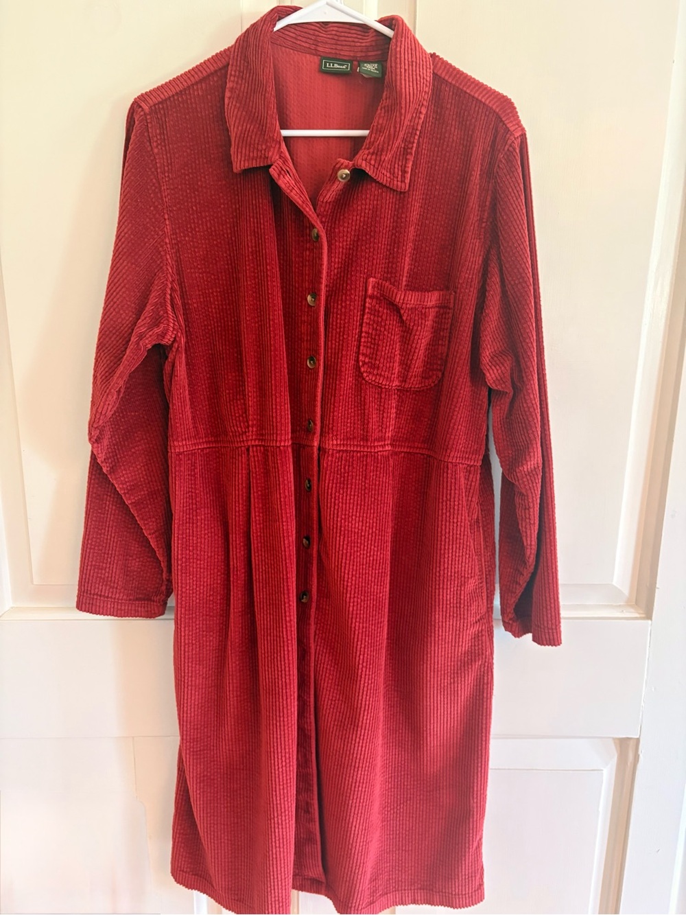 vintage L.L. Bean Wide-Wale Corduroy Long-Sleeve Shirt Dress vibrant red